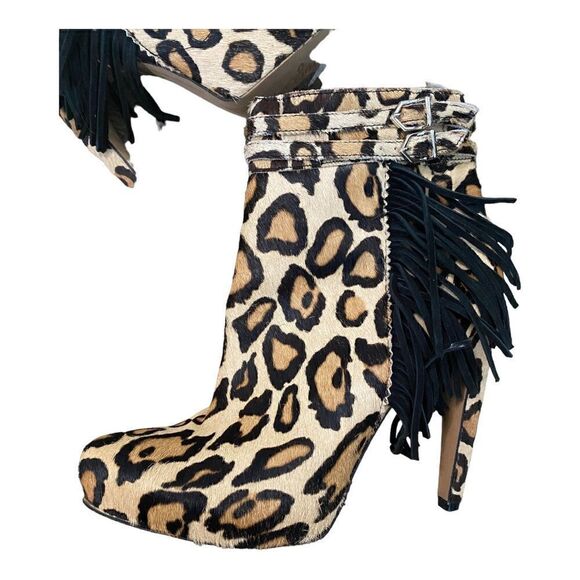 Sam Edelman | Keegan Leopard Animal Print Black Tan Calf Hair Fringe Ankle Boots - Picture 5 of 10